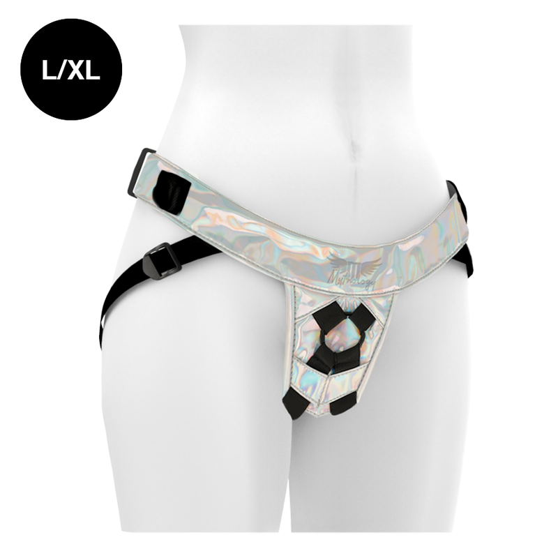 Detalle del arnés Mythology Fantasy Harness iridiscente en talla L/XL, visto de frente.