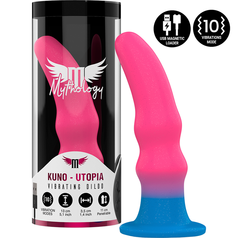 MYTHOLOGY Kuno Utopia Dildo S rosa con base azul y caja del producto negra.