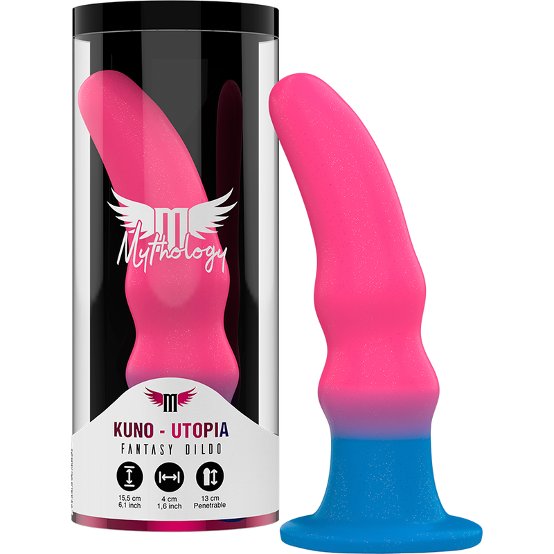 MYTHOLOGY Kuno Utopia: dildo anal rosa y azul junto a su caja del producto negra.