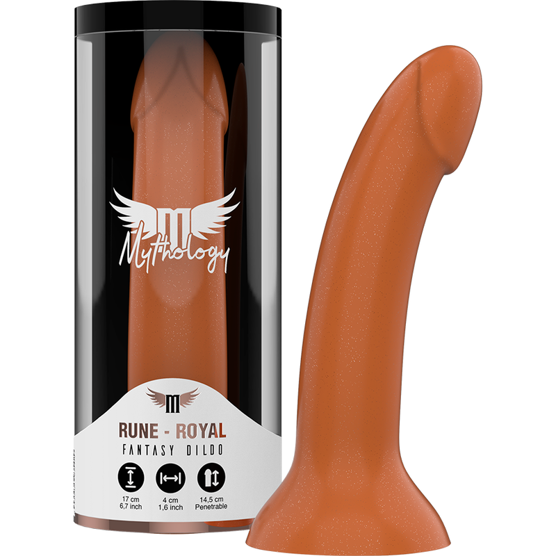 Mythology Rune Royal Fantasy Dildo M en color marrón anaranjado con base ensanchada y caja del producto visible.