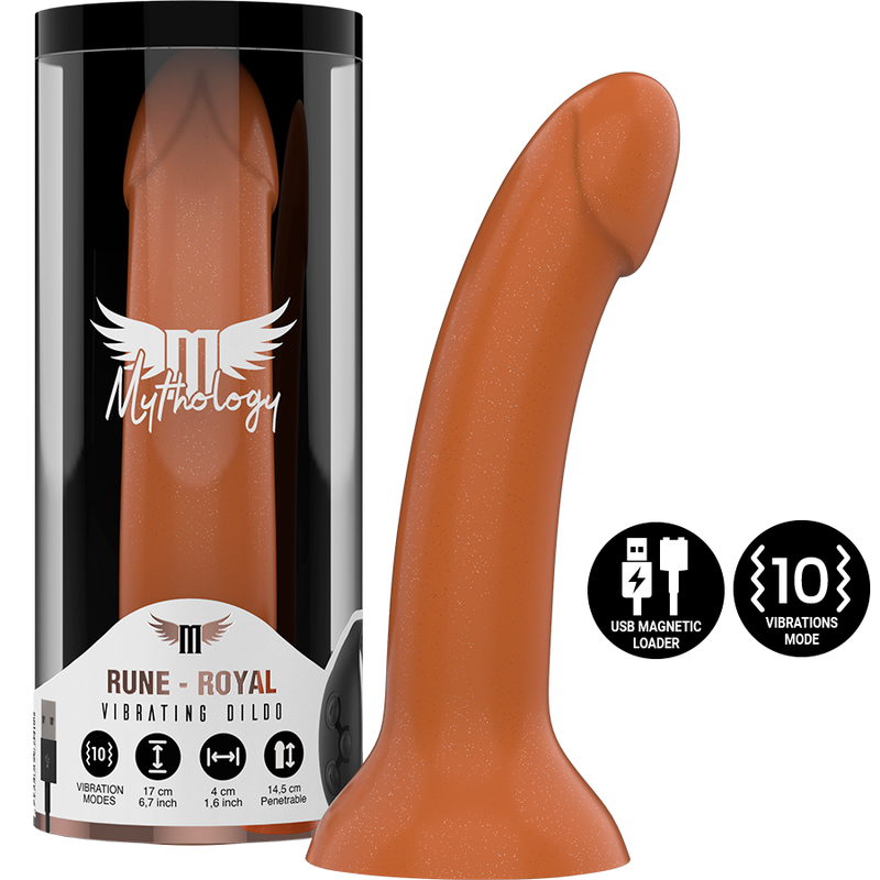 MYTHOLOGY Rune Royal Vibrating Dildo M en naranja, con caja del producto y detalles de carga USB.