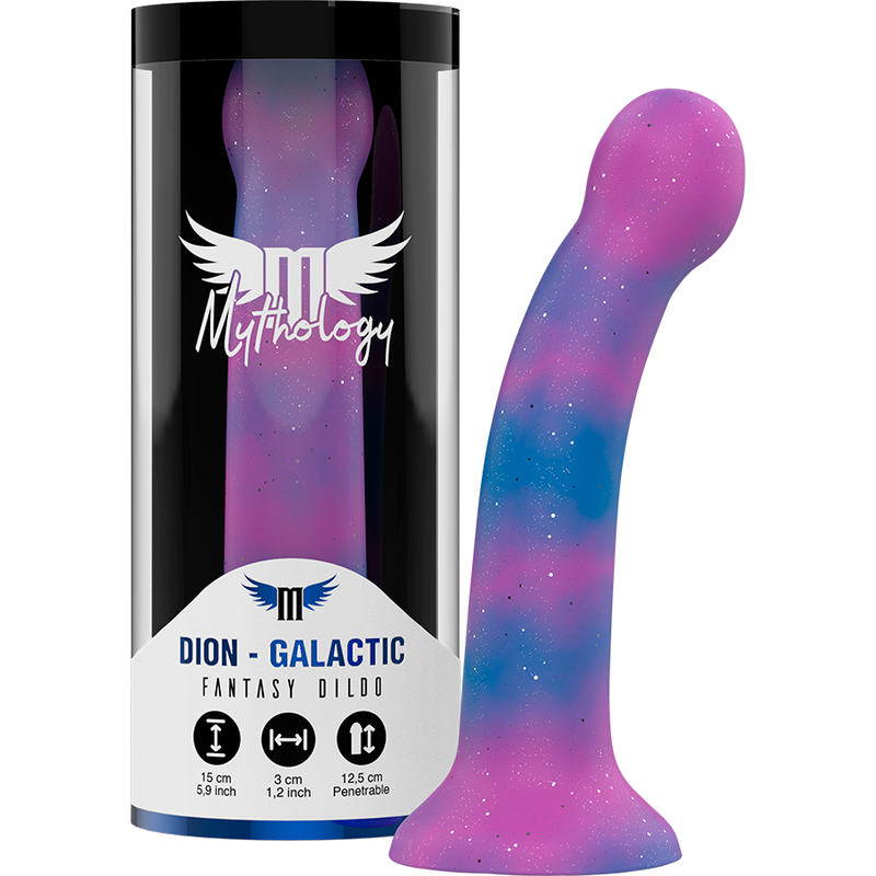 MYTHOLOGY Dion Galactic Dildo talla S junto a su caja, en rosa y azul moteado.
