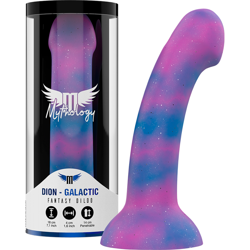 Dildo fantasía Mythology Dion Galactic en color galáctico, junto a su caja del producto.