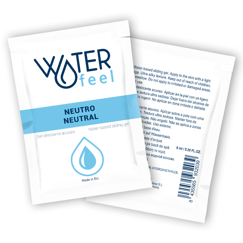 Dos sobres de gel lubricante Waterfeel Neutro, con la cara frontal y la trasera visibles.