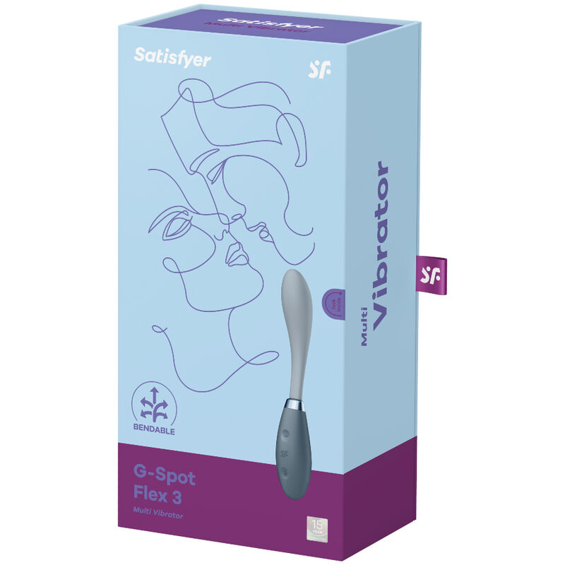 Caja del producto Satisfyer G-Spot Flex 3 en azul y morado, con ilustración del vibrador