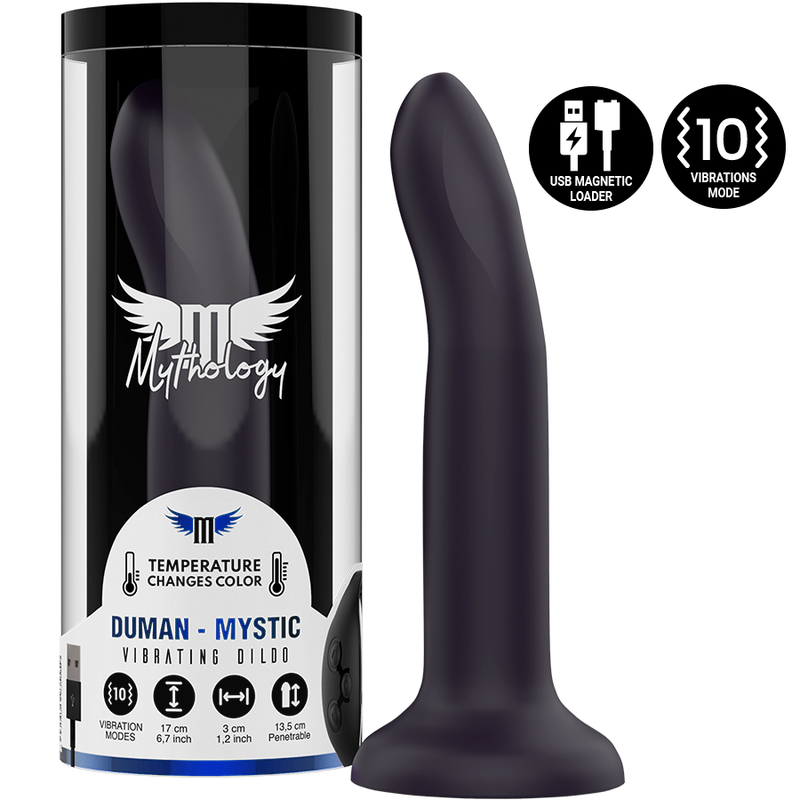 MYTHOLOGY Duman Mystic dildo vibrador morado con caja cilíndrica negra.