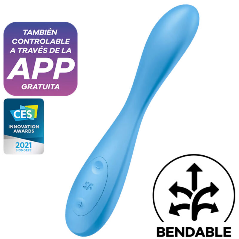 Satisfyer Connect G-Spot Flex 4+ vibrador azul flexible, vista frontal con botones y sellos de app y premio.