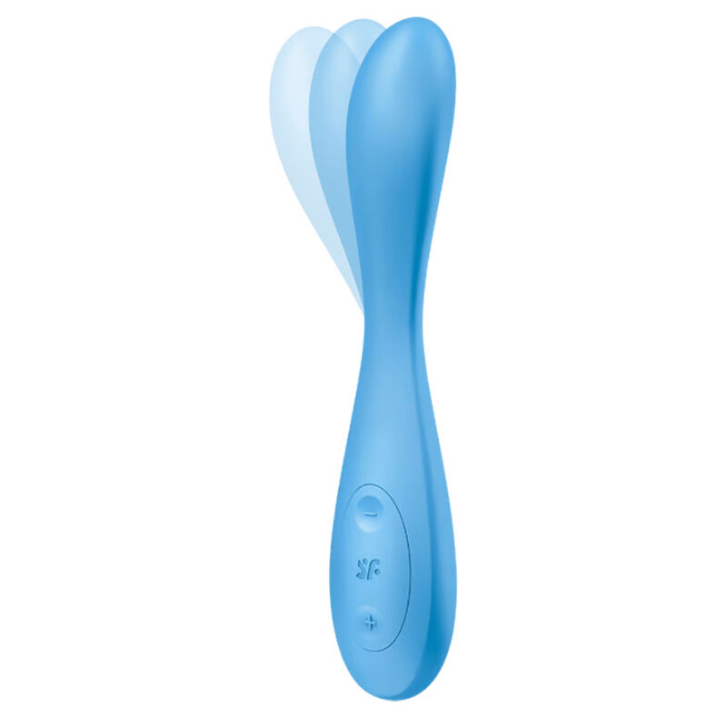 Vibrador azul Satisfyer Connect G-Spot Flex 4+ con cabeza flexible en forma de corazón, vista frontal.