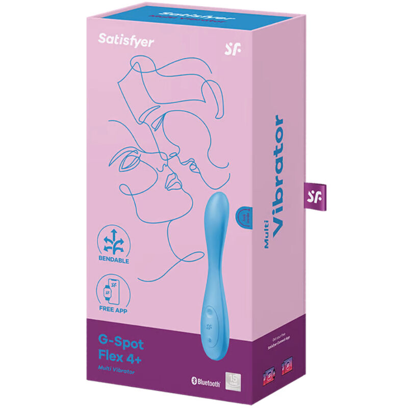 Caja del producto Satisfyer G-Spot Flex 4+ en rosa y morado, con ilustración azul.