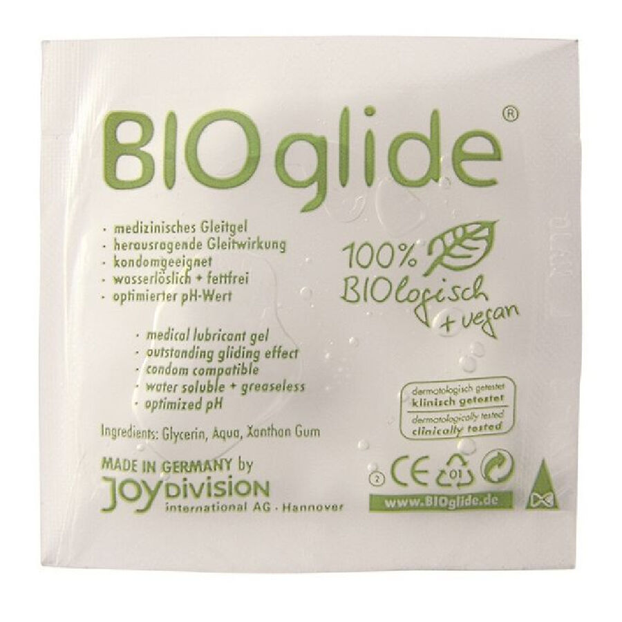 Sachet frontal de JOYDIVISION BIOglide, lubricante monodosis blanco y verde.