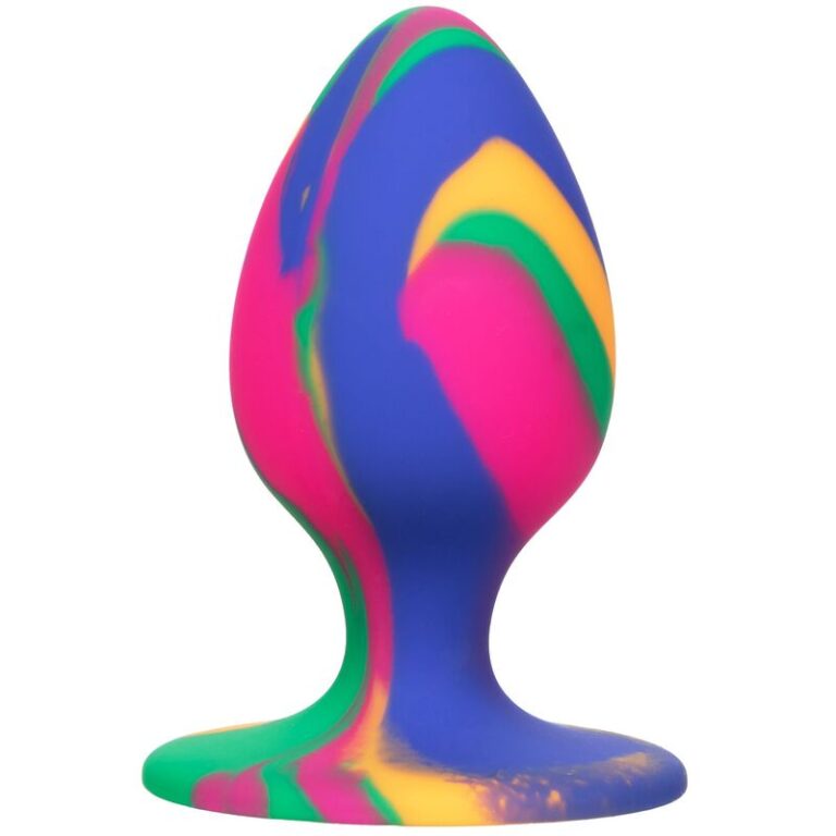 CalExotics Cheeky Medium tapón anal tie-dye multicolor con base ancha.