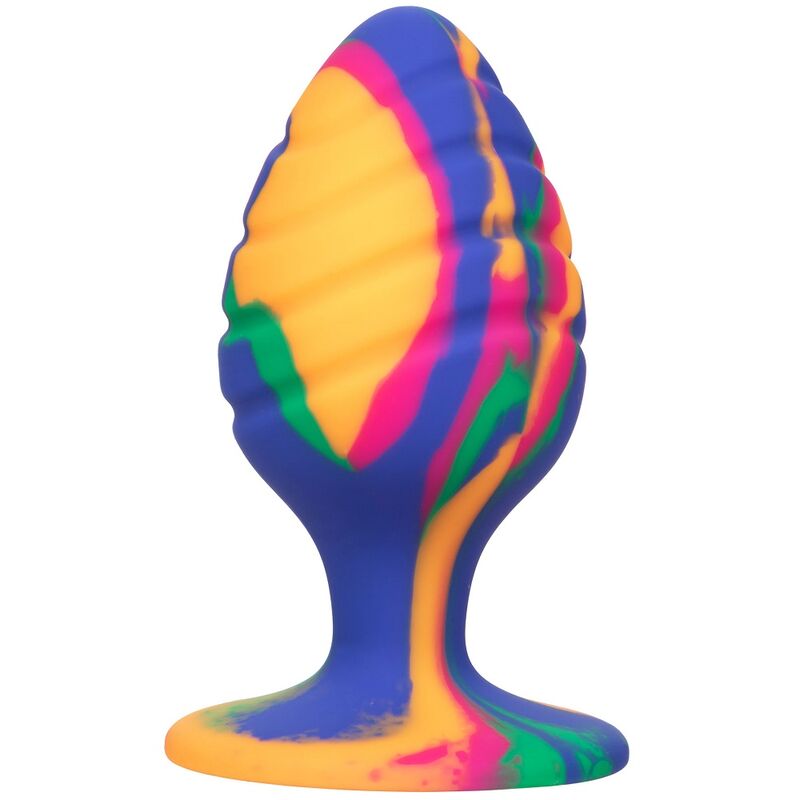 CalExotics Cheeky Tie-Dye Swirl Anal Plug multicolor con base ensanchada, vista frontal.