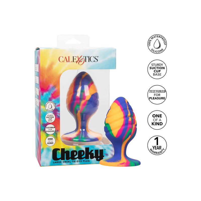 CalExotics Cheeky anal plug tie-dye multicolor con caja del producto