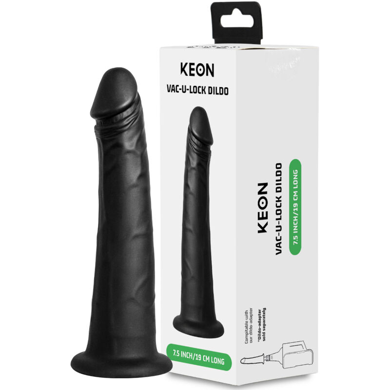 KIIROO Keon Vac-U-Lock dildo negro con caja del producto visible.