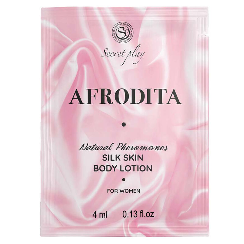 Sobre rosa de Secret Play Afrodita, loción corporal monodosis de 4 ml.