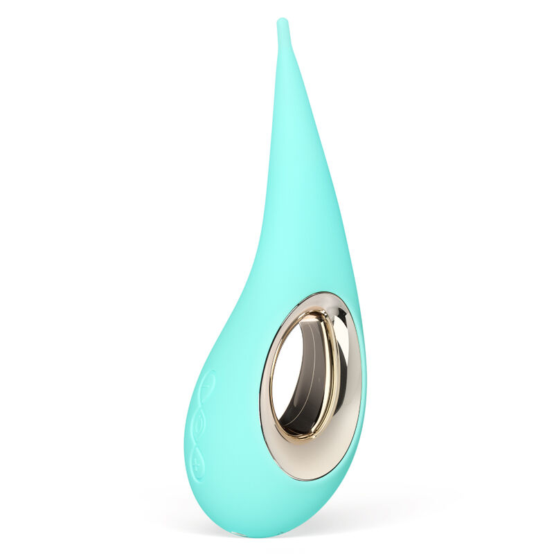 LELO DOT estimulador clitoriano verde agua en vista frontal, con abertura metálica ovalada.
