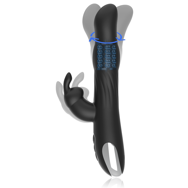Brilly Glam Moebius Rabbit Vibrator & Rotator en vista lateral, con zona texturizada y brazo curvado visible.