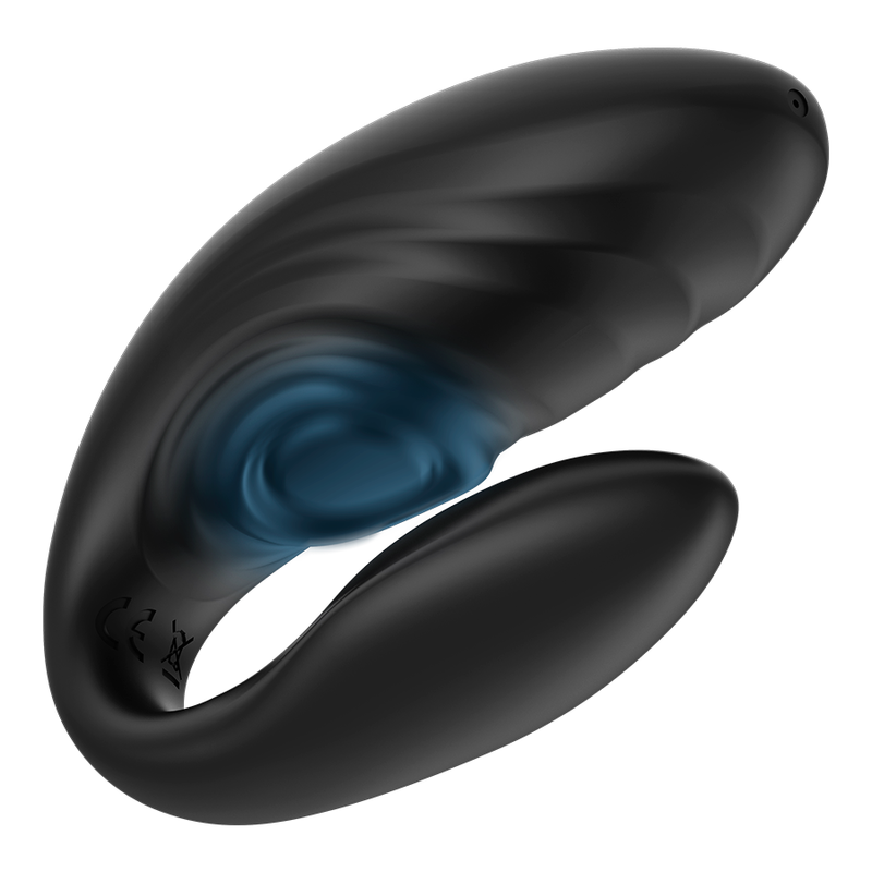 Brilly Glam Couple en detalle, vibrador dual negro con zona central azul.