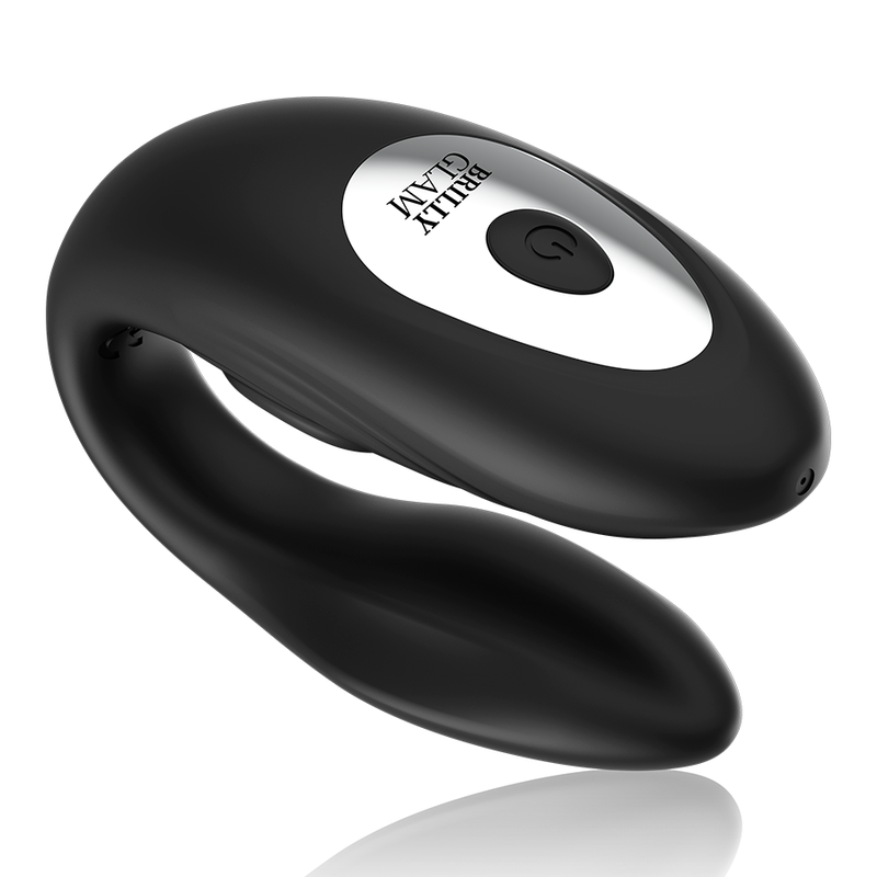 Vibrador dual Brilly Glam negro con panel superior blanco y botón único.