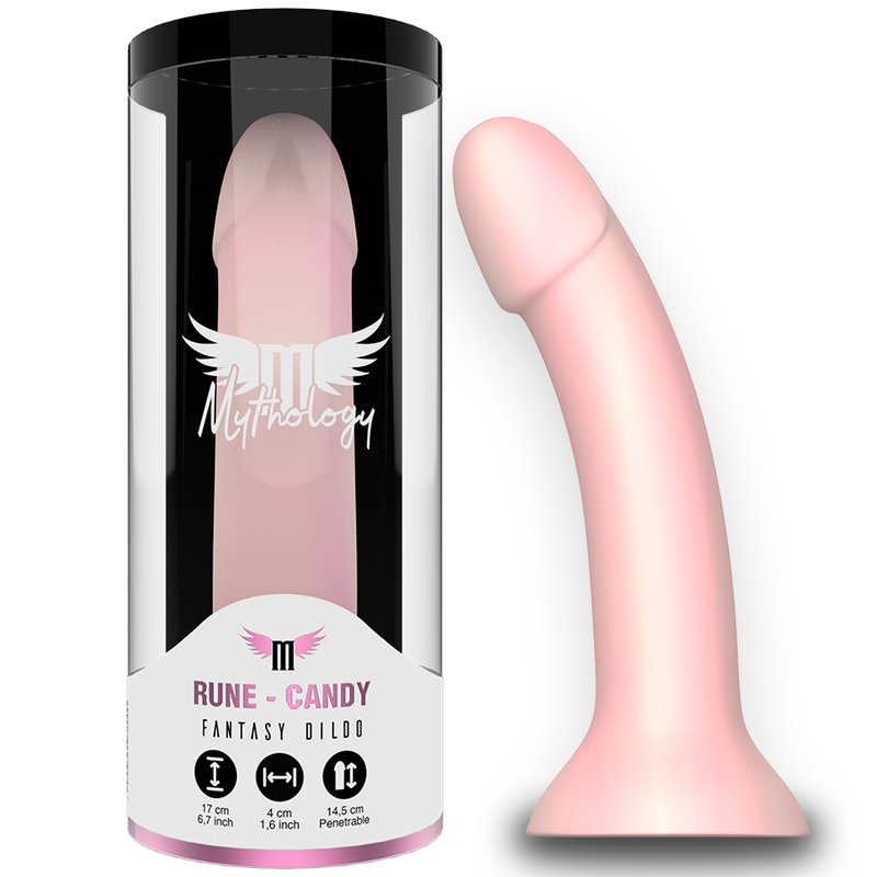 MYTHOLOGY Rune Candy Dildo rosa con su caja cilíndrica visible