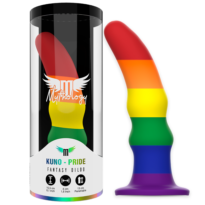 MYTHOLOGY Kuno Pride Dildo M en colores arcoíris junto a su caja del producto.