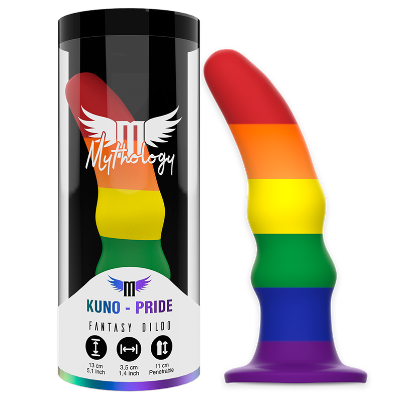 MYTHOLOGY Kuno Pride Dildo S en tonos arcoíris junto a su caja del producto.