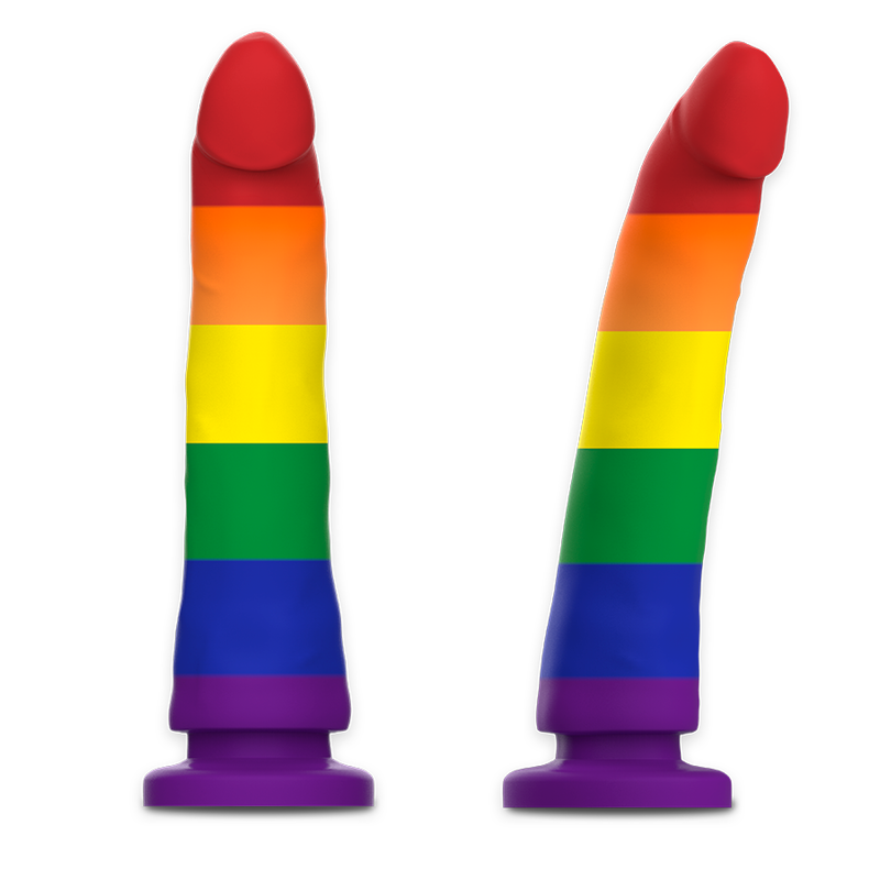 MYTHOLOGY Devon Pride Dildo L en dos vistas, con franjas arcoíris y base morada.