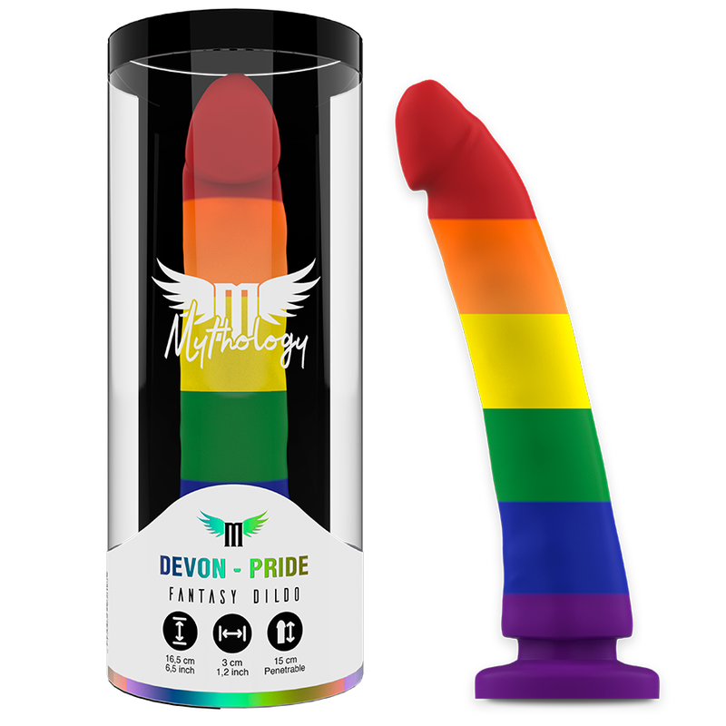 MYTHOLOGY Devon Pride Dildo M con franjas arcoíris y base de ventosa morada, junto a su caja del producto.