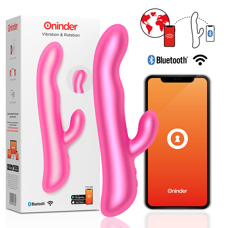 Caja del producto Oninder Oslo con vibrador conejito rosa y pantalla de app en móvil.