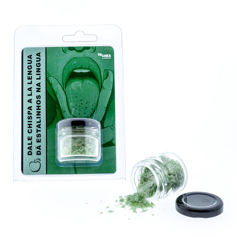 TALOKA Besos Mágicos en blíster, con tarro transparente y granulado verde derramado.