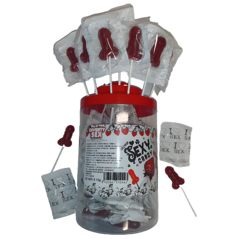 Tarro Diablo Picante con piruletas rojas con forma de pene y envoltorio individual.