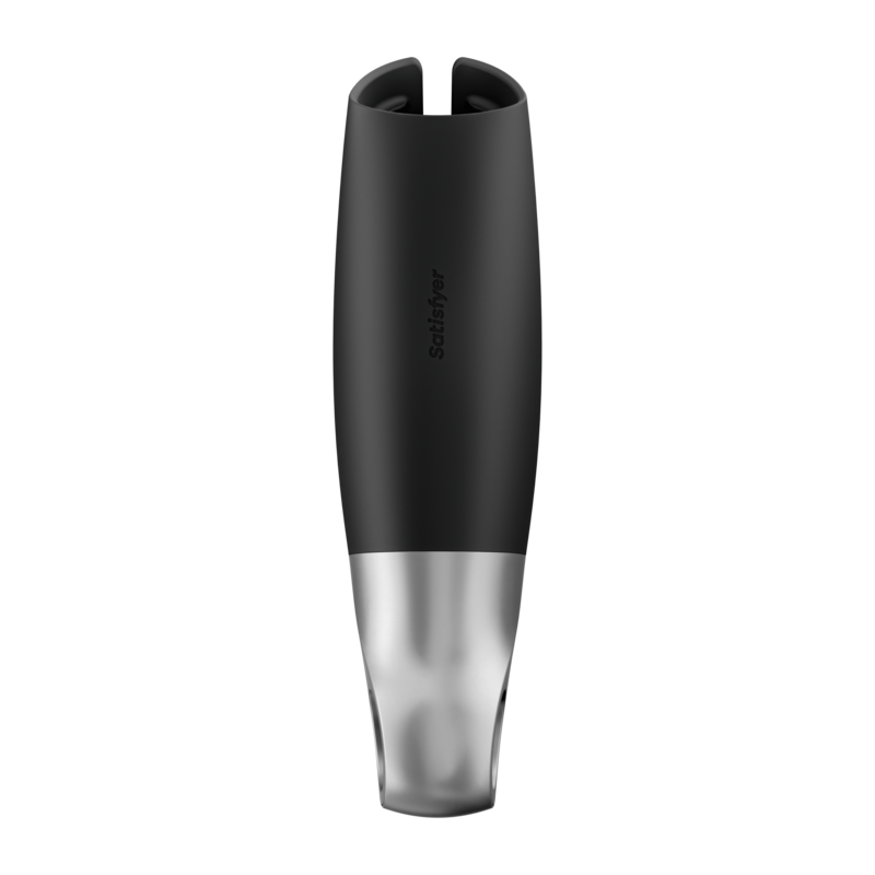 Satisfyer Men Power Masturbator en negro y plata, vista frontal.