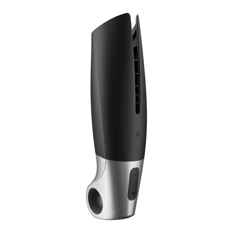 Satisfyer Men Power Masturbator en negro y plata, vista lateral con botones visibles.