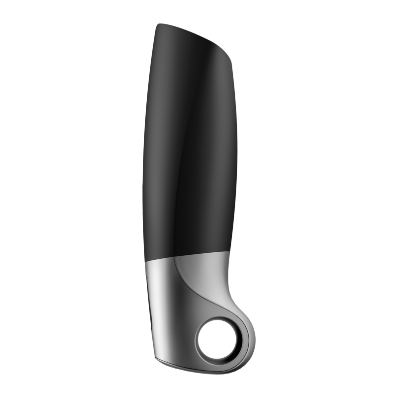 Satisfyer Men Power Masturbator negro y plateado, vista frontal con abertura circular visible.