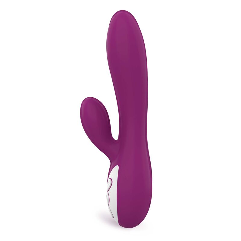 Detalle del vibrador Coverme Taylor en color morado, vista lateral con zona de control blanca.