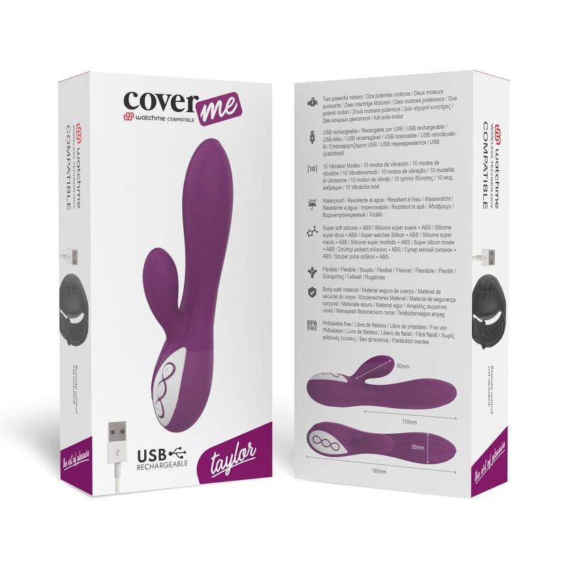 Caja del producto Coverme Taylor con ilustración morada y vista trasera con medidas.
