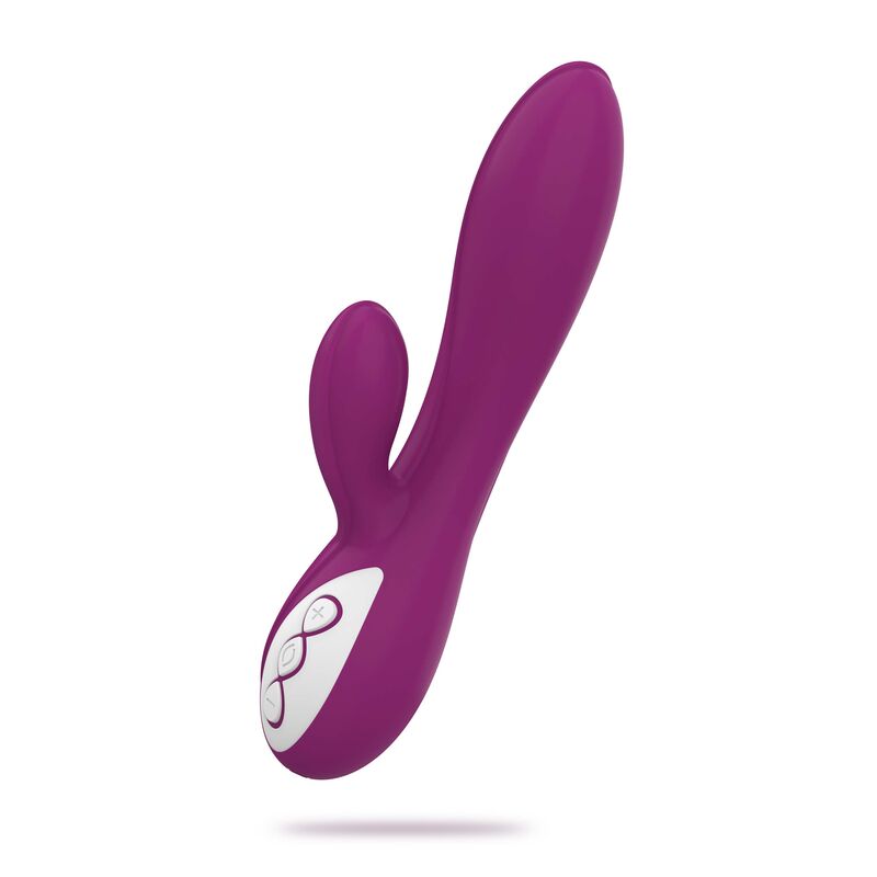 Vibrador Coverme Taylor morado en vista lateral con botones blancos.