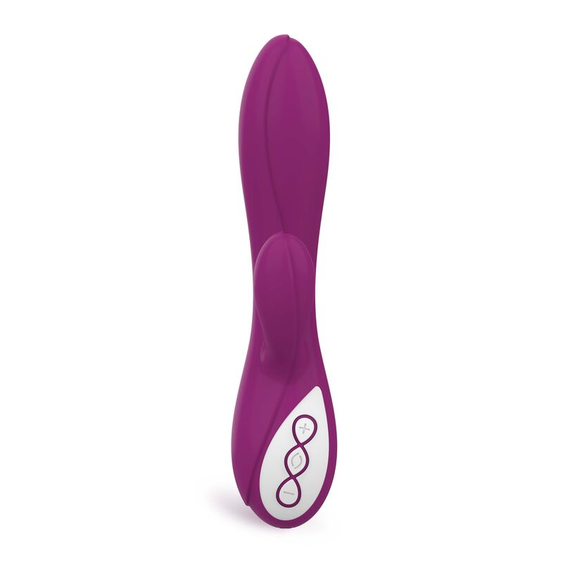 Vibrador Coverme Taylor morado, vista frontal con botones de control visibles.