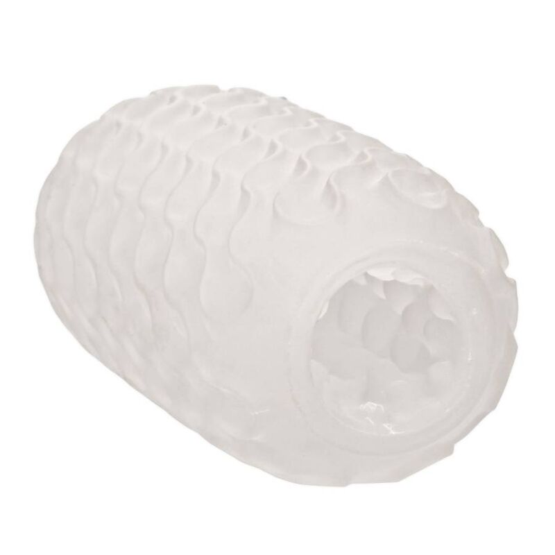 CalExotics Reversible Nubby Stroker en detalle, funda blanca texturizada con abertura visible.