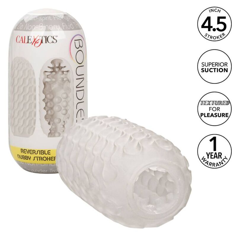 CalExotics Reversible Nubby Stroker blanco con textura, junto a su caja del producto.