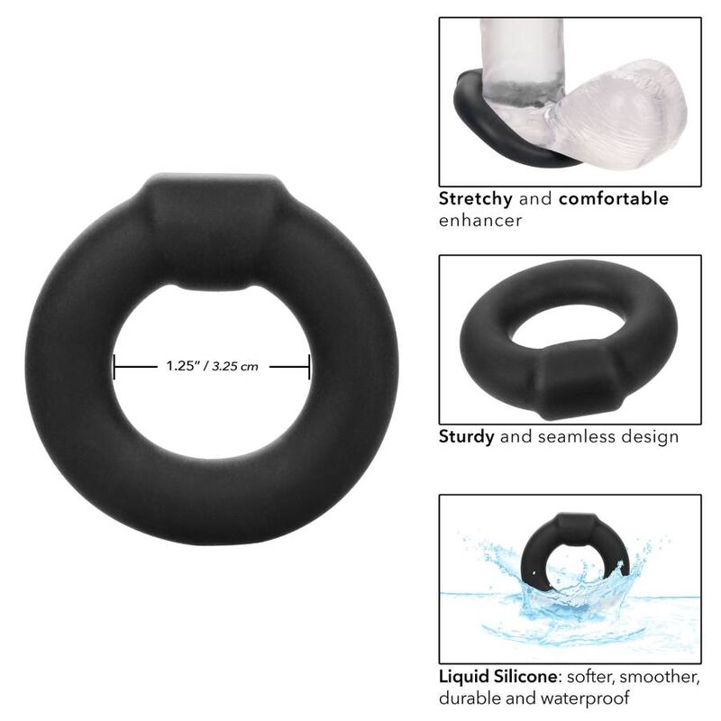 Detalle del CalExotics Alpha Optimum Ring negro con medida visible y tres vistas de uso.