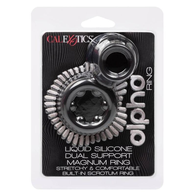 CalExotics Alpha Dual Magnum Ring negro en su blíster, con dos aros circulares visibles.