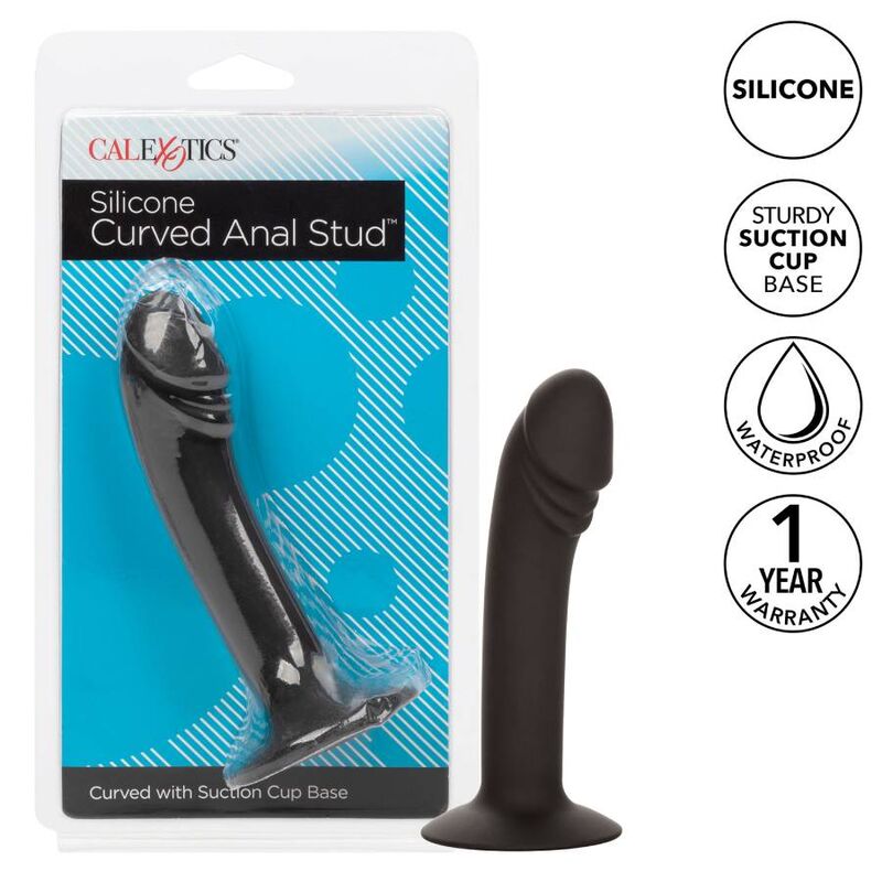 Calexotics plug anal curvado negro con base de ventosa, con caja del producto visible.