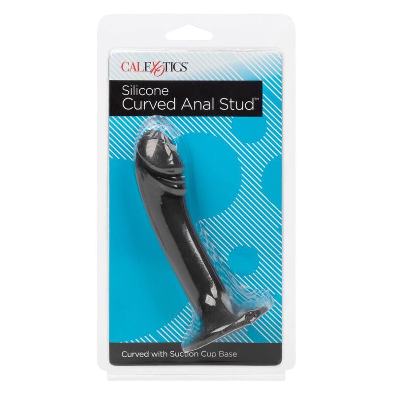 Calexotics Curved Anal Stud en blíster, con base de ventosa visible.