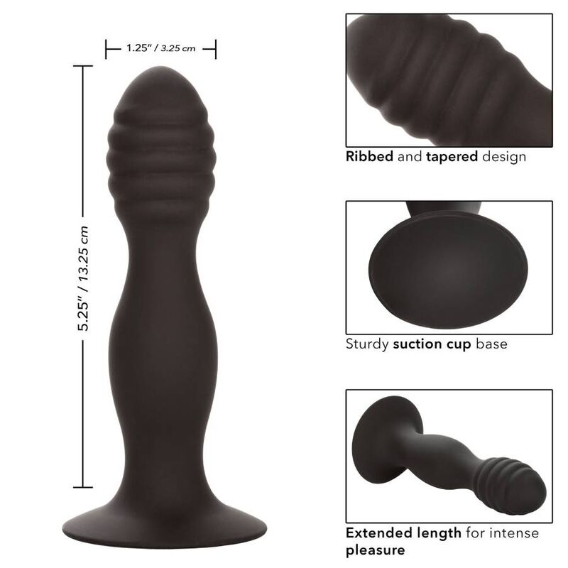 Guía de medidas del anal plug ribbed de Calexotics, con punta acanalada y base de ventosa.