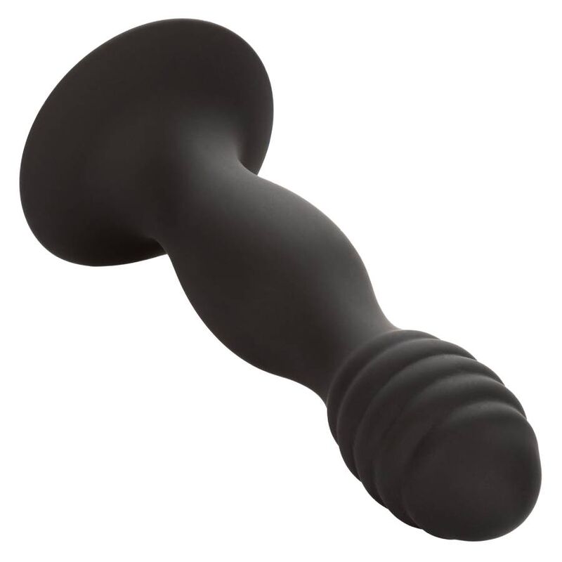 CALEXOTICS Ribbed Anal Stud negro en vista lateral, con base acampanada y extremo acanalado.