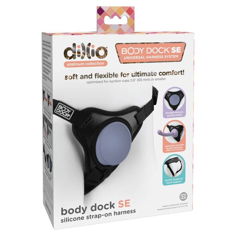 Caja del DILLIO Body Dock SE con arnés strap-on negro y base de sujeción morada.