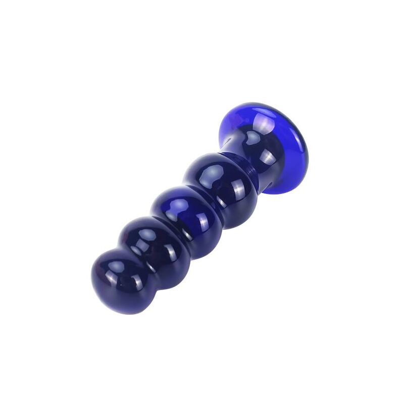 Plug anal de vidrio azul Toyjoy en vista inclinada, con forma acanalada y acabado brillante.