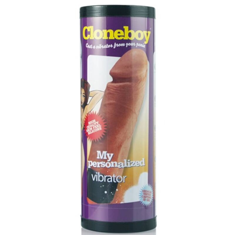 Tubo de embalaje de Cloneboy en morado y negro con la imagen del vibrador en la etiqueta.