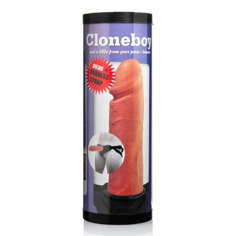 Caja cilíndrica de Cloneboy con ilustración del dildo y arnés con correa.